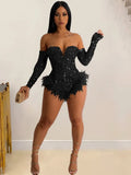 Sequin Feather Rompers Womens Bodysuits Sexy Off The Shoulder Long Sleeve Playsuit Night Out Party Club Bodycon