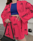 Toloer New Loose Print Women's Casual Tie Long Sleeve Pajamas High Waist Shorts Set Home Clothes-Outfit