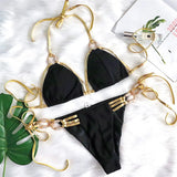 Toloer New Gold Strap Sexy Backless Bikini Crystal Diamond Swimsuit