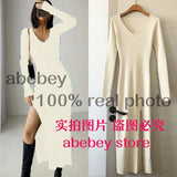 and winter sexy French slit sweater dress female slim tight-fitting hip-knit over-the-knee