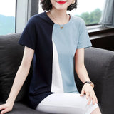 Summer Tshirts Women's Clothing New Round Neck Short Sleeve Temperament Patched Elegant Loose Casual Commuter Tops-Outfit