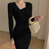 Autumn / Winter Core-Spun Yarn Knitted Long-Sleeved Dress V-Collar Slim Black Medium-Long Slit Hip Skirt-Outfit