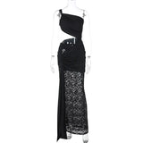 Sheer Draped One Shoulder Cut Out Maxi Dress-Outfit