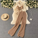 Toloer Vacation Suit Sexy Hanging Neck Wipe Chest Strap Top Hollow Out Knit Wide-Leg Pants Two