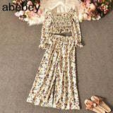 Women Autumn French Print Floral Suits Square Collar Puff Sleeve Short Tops+High Waist Wide Leg Pants Two Pieces