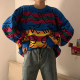 Chic Retro Crazy Style Loose Pull Femme Graffiti Lover Rainbow Striped Knit Sweater Long Sleeve Patch Pulllover Lgbt