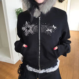 And Winter New Hair Splicing Hoodie Women's Dark And Dark Style Personality Street Star Hot Diamond Zipper Coat