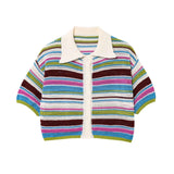 Autumn New Striped Printed Short Sleeve Clip Sleeve Casual Shorts Striped Knitted Sling