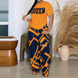 Sets Summer Fashion Printing Letter Two Piece Set Women Short Sleeved T Shirt Pullover Hole Wide Leg Ripped Trousers-Outfit