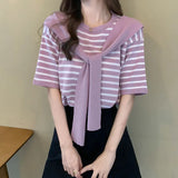 Red Fashion Short-Sleeved Knitted Shirt 2025 New Ocean Shawl Fake Two T-Shirt Striped