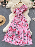 Irregular Ruffled Floral Print Dress Sashes Women Summer 2022 Vacation Slim Fashion Sexy Ladies A Line Long