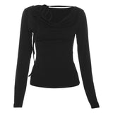 Solid Collar Neck Tie Long Sleeve Knitted Tee-Outfit