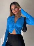 2021 Slim Ruched Ladies Sparkle Shirts Women Sexy Fashion Clothing Button Up Collar Glitter Shirt Long Sleeve Cropped