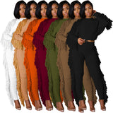 Toloer New Women's Wear Casual Solid Color Knit Long Sleeve Tassel Suit-Outfit
