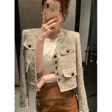 Female Fashion Tweed V Neck Warm Coat All Match Elegant Vintage Long Sleeve Jacket Basic Short Office Lady Outerwear Chic