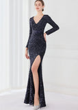 Winter Elegant Deep V Neck Long Sleeve Slit Cocktail Eevening