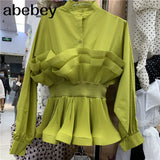 Ruffle Ruched Shirt For Women Stand Collar Lantern Sleeve Sashes Casual Blouse Female Fashion Tide