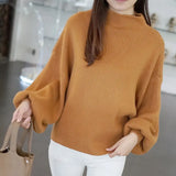 Half-High Collar Bottom Thin Sweater Loose Bat Sweater Hoodie Lantern Sleeve Sweater Women's Dress-Outfit