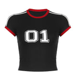 Toloer Style Digital Print Contrast Color Short-Sleeved T-Shirt Female Retro Round Collar Casual Versatile Crop Top-Outfit