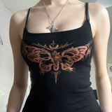 Slim And Skinny Butterfly Pattern Printed Small Sling Vest Hot Girl Sexy Dark Knitted Blouse-Outfit