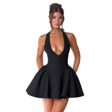 Spring And Summer New Sexy Deep V Hanging Neck Dress Solid Color Sleeveless Waist Thin Dress