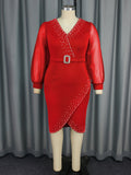 Women's Fashion V-Neck Bubble Sleeve Perspective Dress High Waist Nails