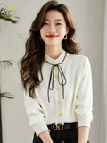 Han Queen New Arrival Spring Autumn Shirts Women's Blouses Vintage Work Casual Top Chiffon Blouse Elegant Lace-Up Loose Shirts-Outfit