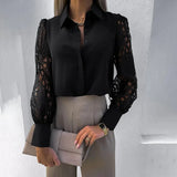 Lace Patchwork Shirt Top Woman Spring Summer Casual Long Sleeve Shirts For Women 2023 Vintage Hollow Out Button Blouses-Outfit
