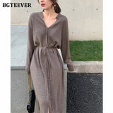 Vintage Women Knitted Dress Autumn Winter Brief V-neck Warm Drawstring Lace-up Loose Midi Female Sweater Dress