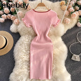 Women Slim Knitted Dress V Neck Short Sleeve Elastic Sheath Dresses 2022 Summer Sexy Bodycon Streetwear Short