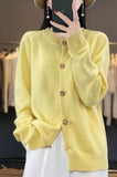 Spring And Autumn New Round Collar Simple Pure Color Temperament Commuting Color Square Buckle Loose Casual Sweater Knitting Cardigan-Outfit