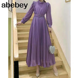 New Spring Summer Temperament half high collar long sleeve Dress high waist lace up waist mid-length A-line Pleated