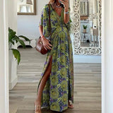 Toloer 2023 New Fashion V-Neck Short-Sleeved Loose Bohemian Side Slit Dress Print Dress-Outfit