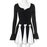 Black Long Sleeve Bow Splice Folds Mini Dress-Outfit