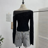 Breeze Butterfly Graffiti Mesh Patchy Texture Long-Sleeved T-Shirt Picties Short Repair Bodysuit
