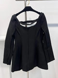Season New Simple Retro Square Necker Skinny Short Dress Women High Waist Black Bare Back