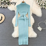 Black Turtleneck Sexy Women Dress Autumn Long Sleeve Skinny Maxi Boydcon Casual Sweater Plush Knee-Length Party
