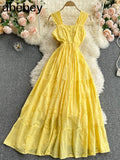 Women White/Yellow/Blue Hollow Out Party Long Dress Vintage Square Collar Spaghetti Strap Vestidos Female A-Line Robe Summer
