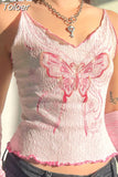 Sweet Kawaii Butterfly Print Crop Top Pink Lace-up Bandage Shoulder Frill Ribbed Corset Lolita Casual Basic Camis
