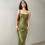 Silk Dresses Fashion 2022 Satin Sexy Dress Women Summer Sleeveless Bodycon Solid High Waist Midi Green Dress Robes