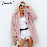 Simplee Elegant pink shaggy women faux fur coat streetwear Autumn winter warm plush teddy coat Female Solid overcoat