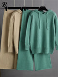 Female Winter Casual Sweater Sets Loose Hooded Sweater+ Wide Led Long Pants 2022 Winter Solid Knitted Two Pieces
