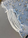 Women's Short Jeans High Waist Distressed Diamonds Tassel Loose Wide Leg Luxury Denim Shorts 2024 Summer Fashion 29L1776-Outfit