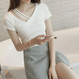 Toloer 2024 New V-Neck Slim Black Long-Sleeved T-Shirt Female Collarbone Niche Large Size White Hollow-Out Top-Outfit
