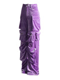 Toloer 2024 New Fashion Design Sense Splicing Pocket Decorative Design Sense High Waist Velvet Pants Straight Tube Cargo Pants-Outfit