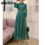New Spring Summer Temperament half high collar long sleeve Dress high waist lace up waist mid-length A-line Pleated