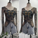 Shooting Pure Sexful V-Neck Umbilly T-Shirt Female Hairy Denim Butterfly Embroidered Mesh Yarn Long Sleeve Top