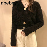 Fur Knit Cardigan Thin Sweater Coat Long Sleeve V-Neck Button Outfit Women Korean Cute Solid Pink White Crop Top