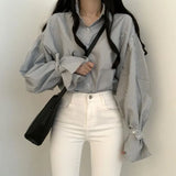The Spring Of 2025, The New Korean Version Of The College Style Design Is Loose And Small Lantern Sleeve Striped Shirt Shirt For
