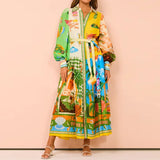 Toloer Women's Temperament Print Lantern Sleeve Belt Shirt Big Hem Dress